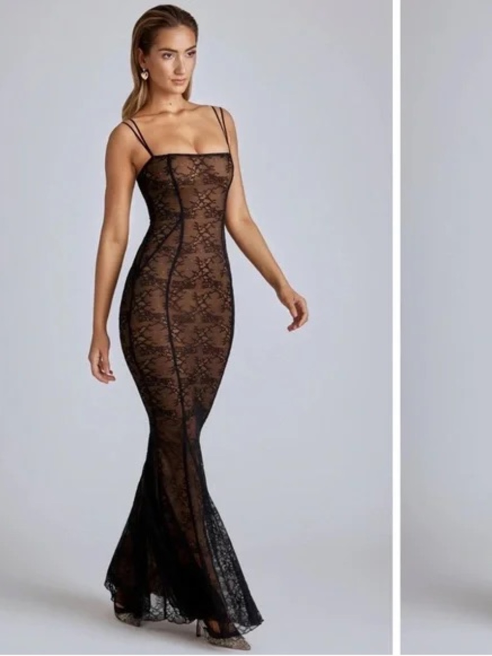 Oh Polly Sheer Lace Fishtail Gown, Black/Nude Illusion Maxi, Formal Even SZ 10